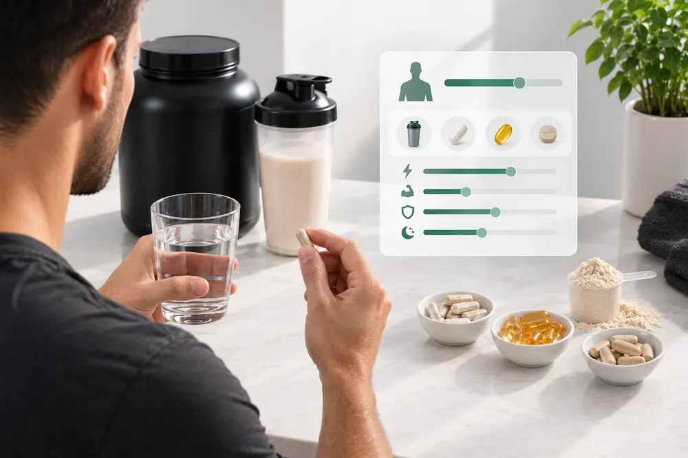 Persona a punto de tomar una cápsula de suplemento junto a un bote de proteína en polvo y un vaso de agua